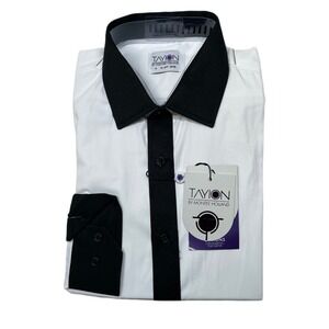 Tayion Slim-Fit Trim Dress Shirt Mens Medium 15-15.5 34/35 White Black $60‎